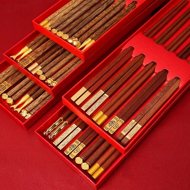  5Pairs Wood Chopsticks Chinese Style Solid Wood Chopsticks Family Hotel Wedding Chopstick Set