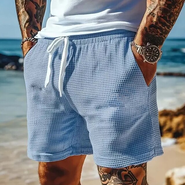 Men's Waffle Shorts Sweat Shorts Shorts Bermuda shorts Beach Shorts Elastic Waist Drawstring Plain Comfort Sports Knee Length Daily Holiday Beach Vacation Classic Style Blue Micro-elastic4