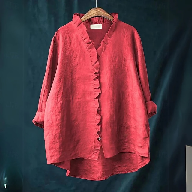  camicetta da donna in cotone e lino tinta unita elegante casual manica lunga scollo a V top normale quotidiano festa bottoni bianco giallo rosso blu beige estate autunno