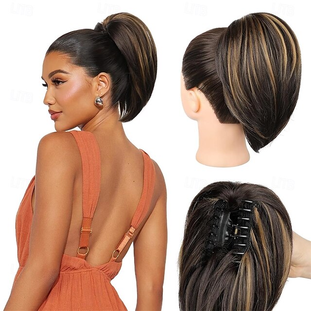  Extension queue de cheval 10 pièces, postiche queue de cheval courte à clipser, chignon décoiffé, postiche synthétique naturel, doux et raide pour femme - brun foncé avec mèches