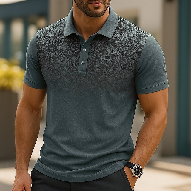  Men's Male Floral Polo Knit Polo Sweater Short Sleeve Turndown Polo Collar Modern Formal Work Sports & Outdoor Buttons Printing Spring Robin's Egg Blue White Light Blue