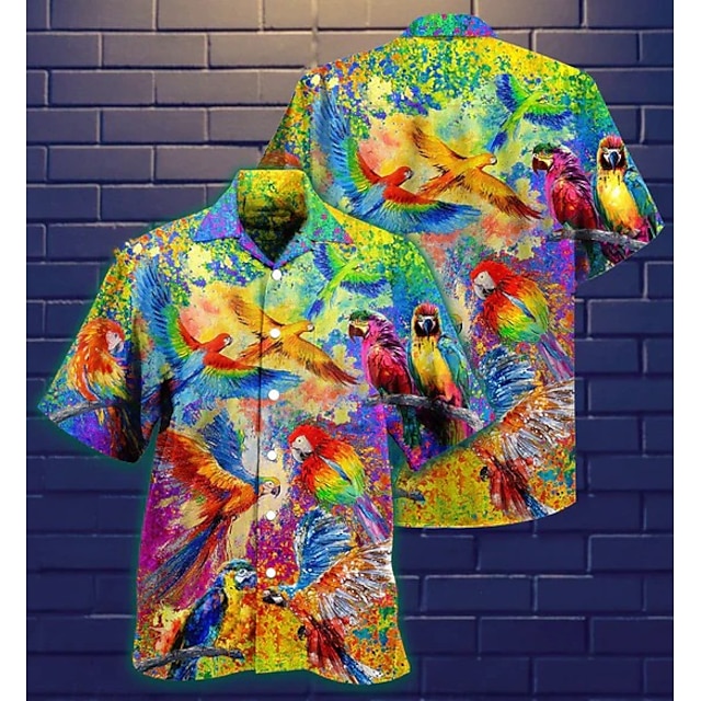  Voor heren Papegaai Bladeren Overhemd Hawaiiaans overhemd Aloha-shirt Korte mouw Overhemd Strijkijzer Tropisch Modieus Hawaii Casual Hawaii Feestdagen Zwart Geel Zwart / Bruin S M L