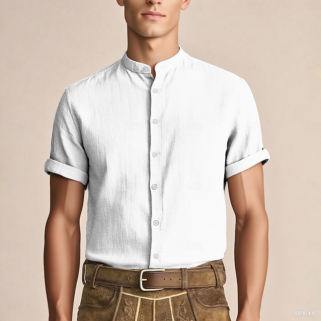  Men's Oktoberfest Shirt Lederhosen Shirt Band Collar Linen Shirt 100% Cotton Beer Costume Short Sleeves Bavarian German Alpine Wiesn Party Beer Carnival Festival Traditional Style Cloth