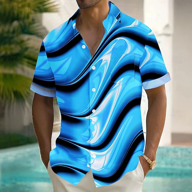  Men's Geometric Waves Shirt Summer Shirt Button Up Shirt Short Sleeve Fashion Casual Vacation Holiday Streetwear Summer Turndown 3D Print Front One Pocket Linen Like Shirt Yellow Blue Purple Green