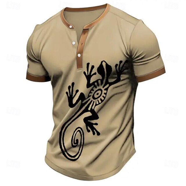 Men's Lizard T Shirt Henley Shirt Short Sleeve Designer Retro Vintage Casual Street Casual Daily Summer Spring All Seasons Khaki Henley Henley T-Shirt4