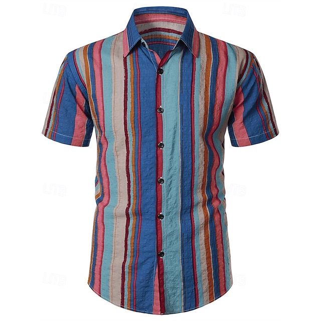  Herren Hemd Sommerhemd Freizeithemd Strandhemd Knopfhemd Marineblau Blau Kurzarm Streifen Revers Urlaub Hawaiianisch Bekleidung Mode Lässig Bequem