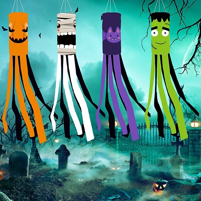  Halloween Windsock Flag 39 Inch Spooky Cartoon Flag Wind Socks Pumpkin Bat Ghost Monster Outdoor Hanging Decoration for Home Yard Patio Lawn Garden Tree Party Decoration
