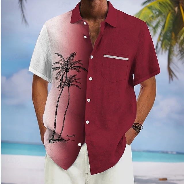  Miesten Kookospuu Kaltevuusväri Paita Havaiji paita Button Up paita Lyhythihainen Havaijilainen Loma Pyhäpäivä Ranta-asut Kesä Kevät Sänkyjen avaus 3D-tulostus Edessä yksi tasku Pellava kuin paita