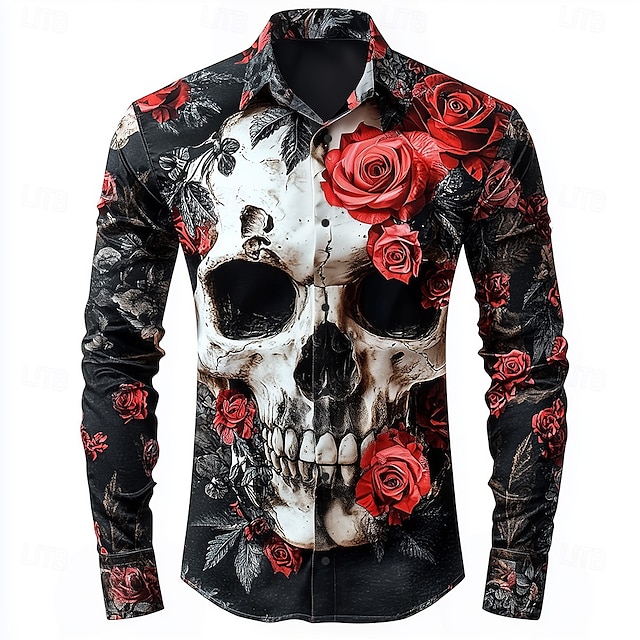  Men's Skull Romantic Rose Shirt Button Up Shirt Long Sleeve Gothic Style Holiday Streetwear Summer Spring Turndown 3D Print Collared Shirts Black White
