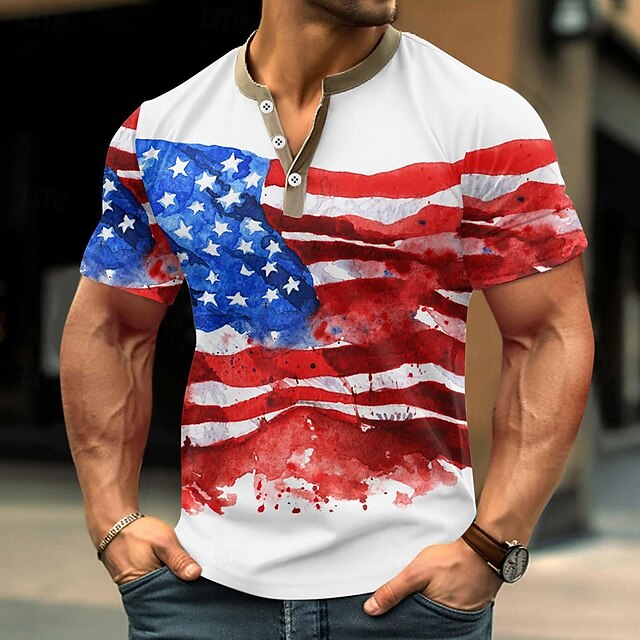 Men's American Independence Day Flag T Shirt Henley Shirt Short Sleeve Designer Retro Vintage Casual Street Casual Daily Summer Spring White Henley Henley T-Shirt4