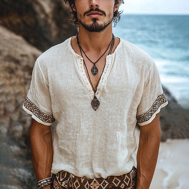 Men's T Shirt Henley Shirt Tee Short Sleeve Shirt Short Sleeve Henley Summer Patchwork Embroidery Bohemia Vintage Casual Buttons Vacation Street Casual Daily White Top Tee for Men4