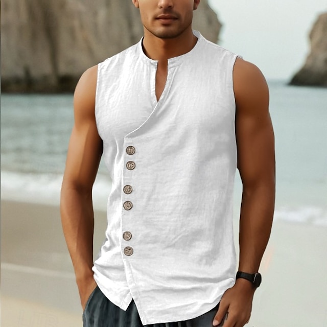  Homme Chemise Chemise en lin Chemise d'été Chemise de Plage Chemise vintage T-shirt sans manches Uni Vacances Fête Noir Blanche Bleu Kaki Sans manches Col mandarin Été Printemps Vêtement Tenue Boutons