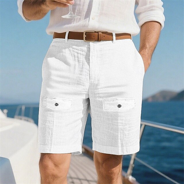 Men's Shorts Linen Shorts Summer Shorts Beach Shorts Pocket Buttons Plain Comfort Breathable Short Vacation Holiday Beach Hawaiian Boho White Khaki3
