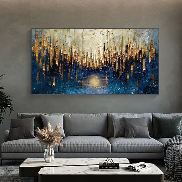  Gran pintura al óleo original dorada sobre lienzo, arte de pared abstracto minimalista con textura azul, pintura personalizada, decoración de pared bohemia, decoración de pared de sala de estar
