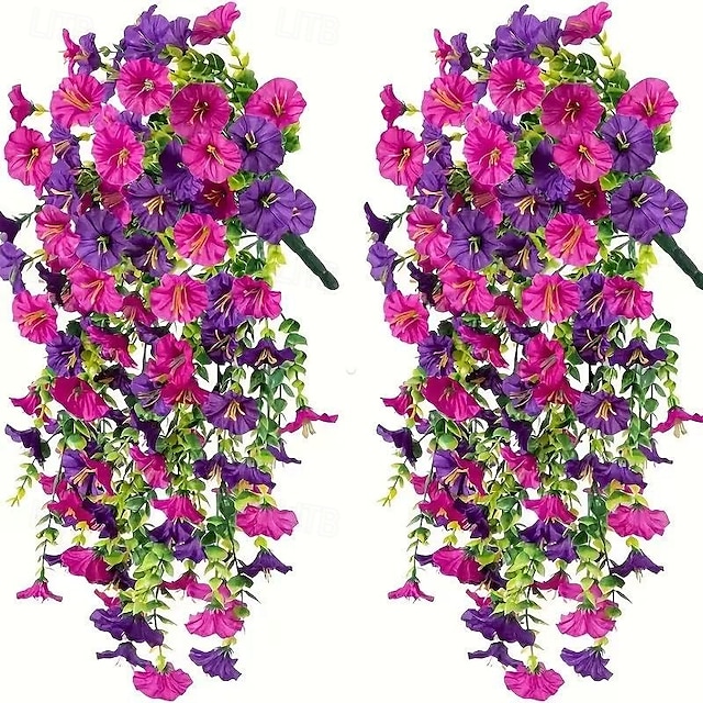  2 piezas de flores colgantes artificiales de gloria de la mañana resistentes a los rayos UV, flores artificiales de plástico de color púrpura y rojo púrpura vibrantes para porche, jardín, boda y