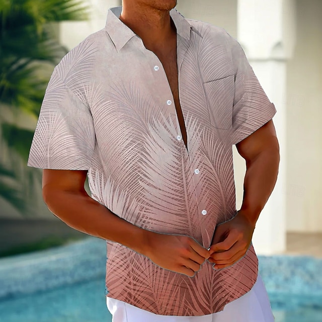  Herr Lutning Tropisk Palmblad Hawaii skjorta Knapp upp skjorta Aloha skjorta Kortärmad Hawaiisk Helgdag Standkläder Sommar Vår Nedvikt 3D-utskrift krage skjortor Främre en ficka Rodnande Rosa Bl