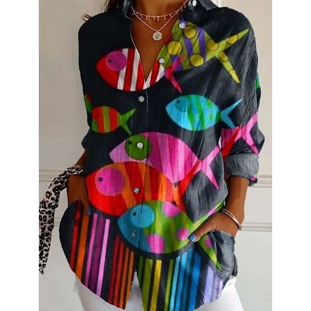  Femmes Chemise Fleuri Élégant Moderne manche longue Col de chemise Hauts Réguliers Quotidien Fête Boutons Imprimé Noir Jaune Bleu Ciel Vert Été