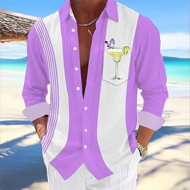  Miesten Lintu cocktail Paita Havaiji paita Button Up paita Pitkähihainen Havaijilainen ulko- Loma Pyhäpäivä Kevät Syksy Sänkyjen avaus 3D-tulostus Pellava kuin paita Vaalean vihreä Sininen Purppura