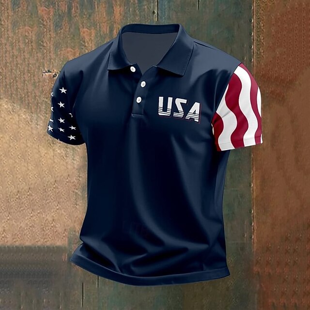 American Independence Day Men's American US Flag Polo Shirts Button Up Polos Golf Shirt Short Sleeve Polo Shirts Lapel Fashion Casual Daily Festival Print Summer Navy Blue4