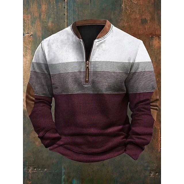  Homme Sweat-shirt Sweat-shirt quart de fermeture éclair Vin Demi-zip Bloc de Couleur Rayures A côtes Texturé Texture tricotée Sport & Loisir Quotidien Fête Polyester Streetwear Occasionnel Printemps