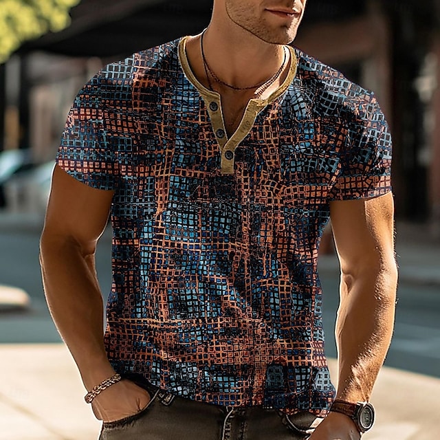  Bărbați Geometric Abstract Tricou Cămașă Henley Manșon scurt Designer Modern Casual Stradă Casual Zilnic Vară Primăvară Cafea Henley Tricou Henley