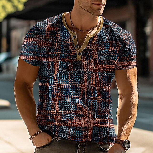 Men's Geometric Abstract T Shirt Henley Shirt Short Sleeve Designer Modern Casual Street Casual Daily Summer Spring Coffee Henley Henley T-Shirt3