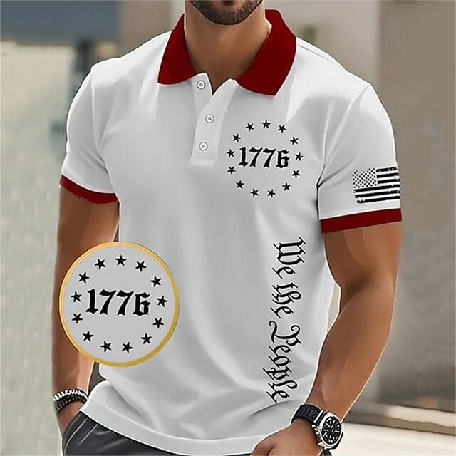 American Independence Day Men's 1776 National Flag Polo Shirts Button Up Polos Golf Shirt Short Sleeve Polo Shirts Lapel Fashion Casual Daily Festival Print Summer Black White3