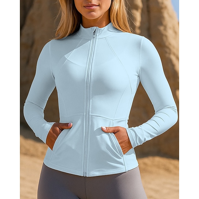  Damskie Běžecká bunda Kurtka Outdoorowa Kieszeń Długi rękaw Top Athleisure Jesień Solidne kolory Odporność na wiatr Pilates Bieganie Joga Odzież sportowa Odzież sportowa Czarny Biały Rumiany róż