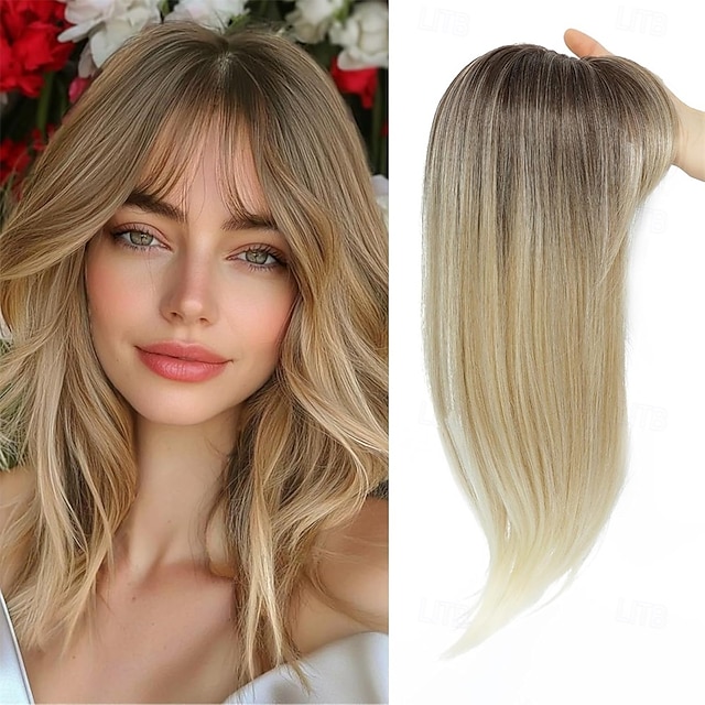  Hair Topper 18 Inch Long Hair Toppers for Women with Thinning Hair 360 3D Clip in Blunt Wispy Bangs