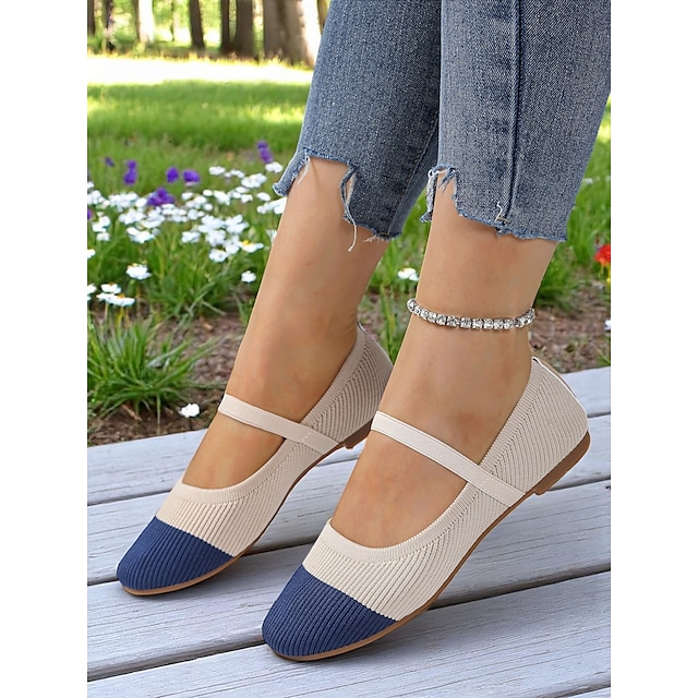  Bailarinas de punto bicolor para mujer con tiras: zapatos Mary Jane informales y transpirables para uso diario, paseos y salidas de primavera.