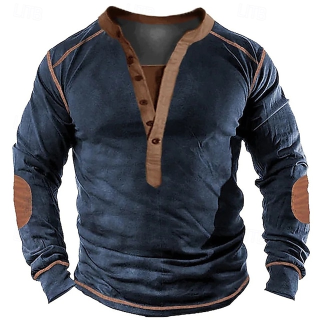  Herre T skjorte Henly-skjorte T-skjorter T-skjorte Langermet Henley Vår Høst عادي Mote Designer Grunnleggende Lapper Feriereise Gate Ut på byen Navyblå Topp T-skjorte for menn