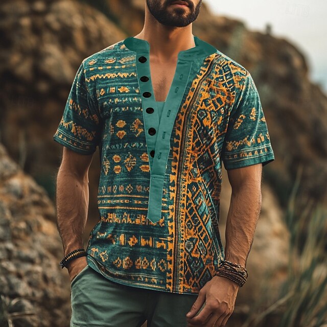 Men's Ethnic T Shirt Henley Shirt Tee Short Sleeve Designer Basic Bohemian Outdoor Casual Daily Summer Green Henley Henley T-Shirt3