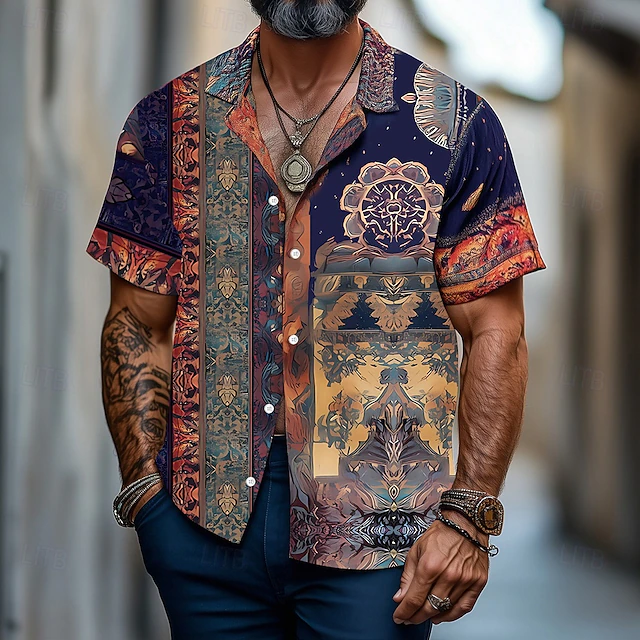 Men's Vintage Indian Boho Shirt Summer Hawaiian Shirt Button Up Shirt Short Sleeve Hawaiian Vacation Holiday Beach Wear Summer Spring Turndown 3D Print Collared Shirts Dark Blue4