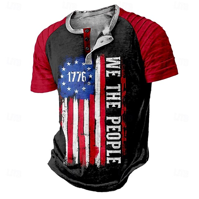 Men's American Independence Day Text Stars and Stripes Henley Shirt Raglan T Shirt Short Sleeve Fashion Designer Casual Outdoor Vacation Casual Summer Black Henley Collar Henley Henley T-Shirt4
