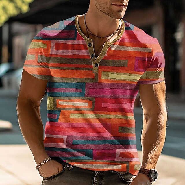 Men's Geometric T Shirt Henley Shirt Short Sleeve Designer Modern Henley Street Casual Daily Summer Spring Pink Henley Henley T-Shirt3