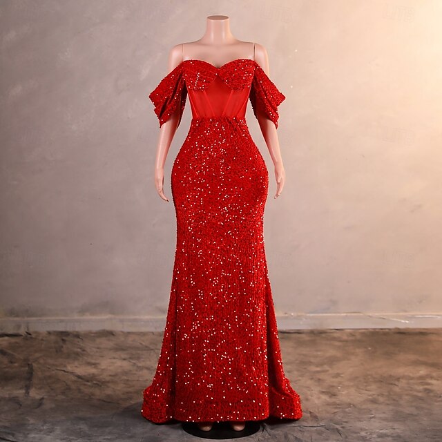 Robe de soirée sirène  trompette élégante robe formelle bal traîne de cour sans manches décolletée en sequins avec sequins