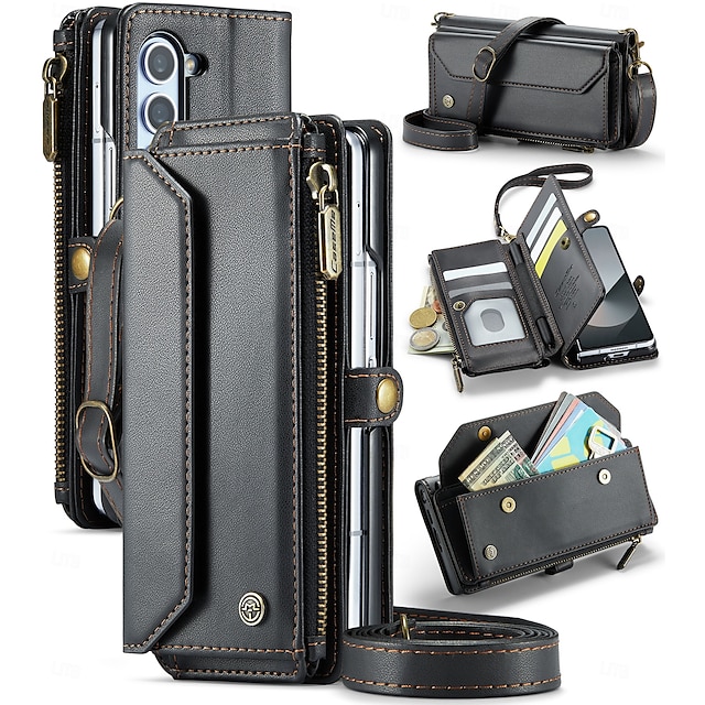  telefone Capinha Para Samsung Galaxy Z Fold Capa para Cartão Wallet com cordão com pulseira Pata de Apoio TPU Couro PU