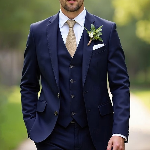  Uomo Matrimonio Affari Completi Nero Blu marino Moda Formale Tinta unita Vestibilità aderente 3 pezzi Monopetto Due Bottoni