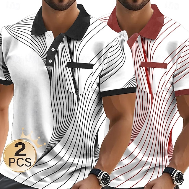  Herr Grafisk Geometrisk Polo Kortärmad Polotröjor Skjortor med krage Business Casual Utomhus Företag Fritids- Dagliga kläder Ficka 3D-utskrift Knappar Sommar Svart + blått Ljusblå + blå Röd + Svart