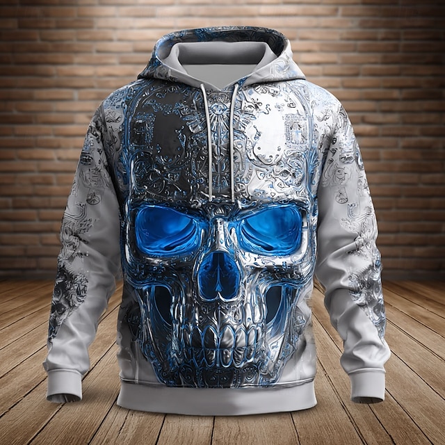  Herr Dödskalle Huvtröjor Tröja Ytterkläder Huvtröja Rund hals Häftig 3D-tryck Nattklubb Streetwear Rubinrött Blå Snörning Höst Vinter Designer