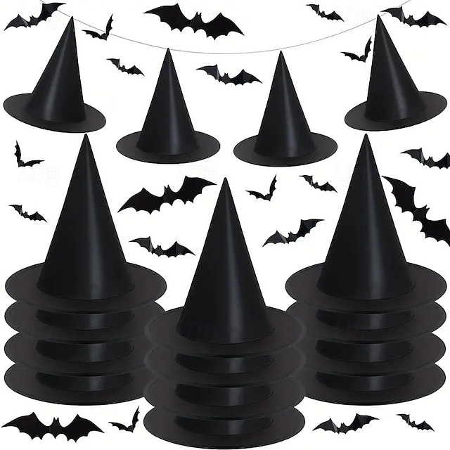  Cappello da strega nero di Halloween con decorazione da parete a forma di pipistrello 3D, costumi di Halloween, accessori da strega, cappelli, decorazioni per feste di Halloween fantasy