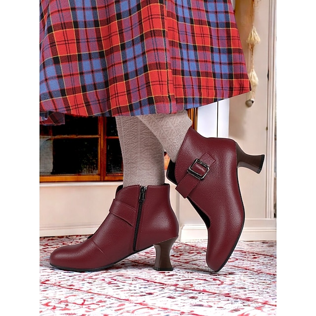  Bottines bordeaux pour femmes des années 1920 avec talon chaton et bride à boucle, bottines de style vintage pour l'automne et le quotidien