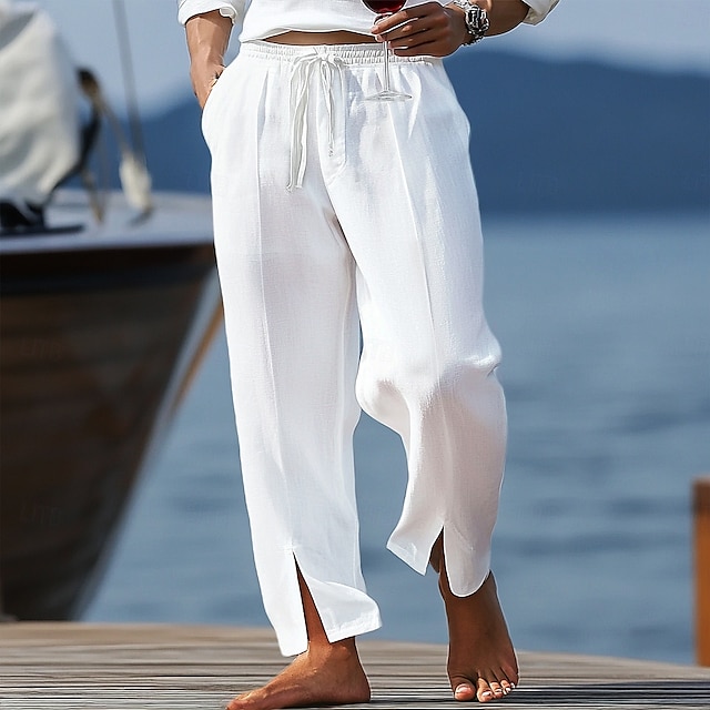  Homens Calças de linho Calças Calça verão Calças largas Com Cordão Cintura elástica Fenda Tecido Conforto Respirável Comprimento total Casual Diário Feriado Férias Moda Preto Branco Sem Elasticidade