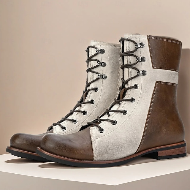  Men's Two-Tone Faux Leather Lace-Up Boots Vintage Mid-Calf Combat Style for Casual Wear Work and Fall Outfits
