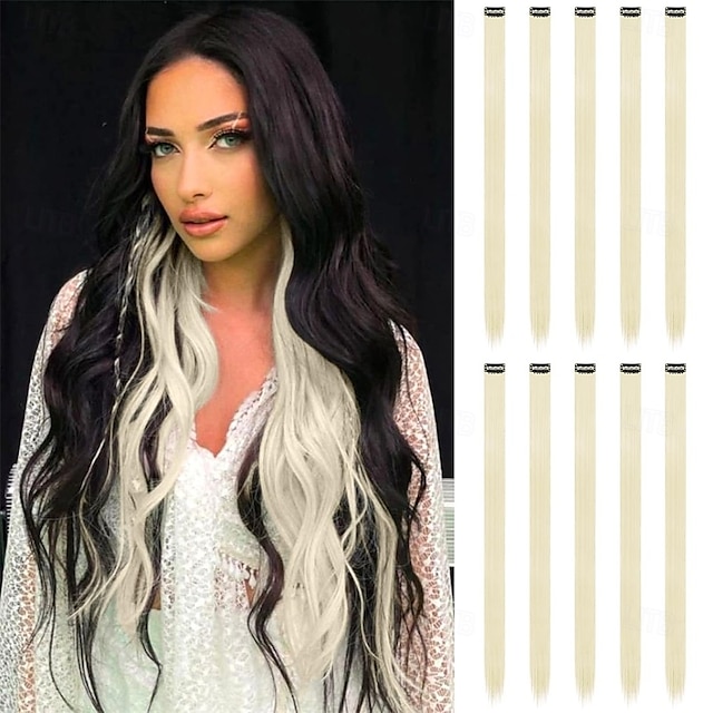  Extensões de cabelo coloridas com clipe - 10 peças de cabelo loiro bege com mechas, apliques sintéticos lisos com clipe para mulheres de 22 polegadas