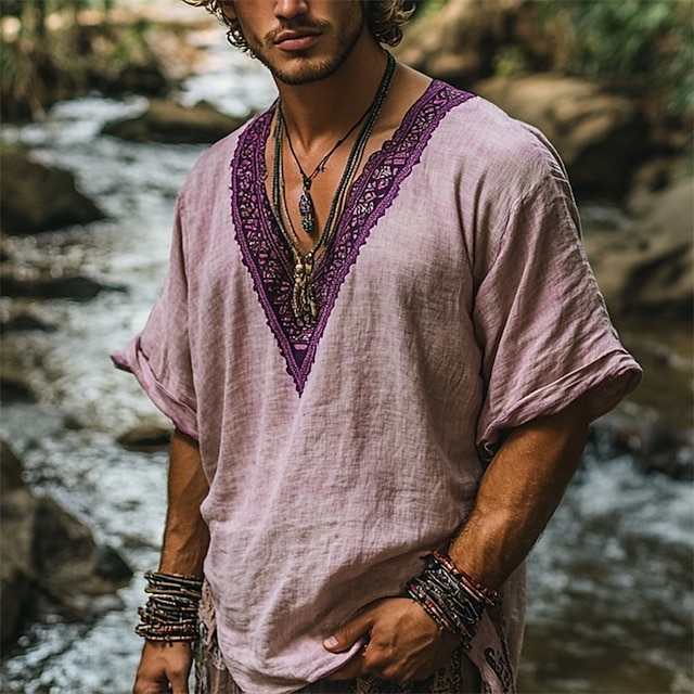  Herren Leinenhemd Sommerhemd Vintage-Shirt Kurzarmshirt Ethno-Hemd Patchwork Urlaub Straße Purpur Kurzarm V Ausschnitt Sommer Bekleidung Ethnisch & Religiös