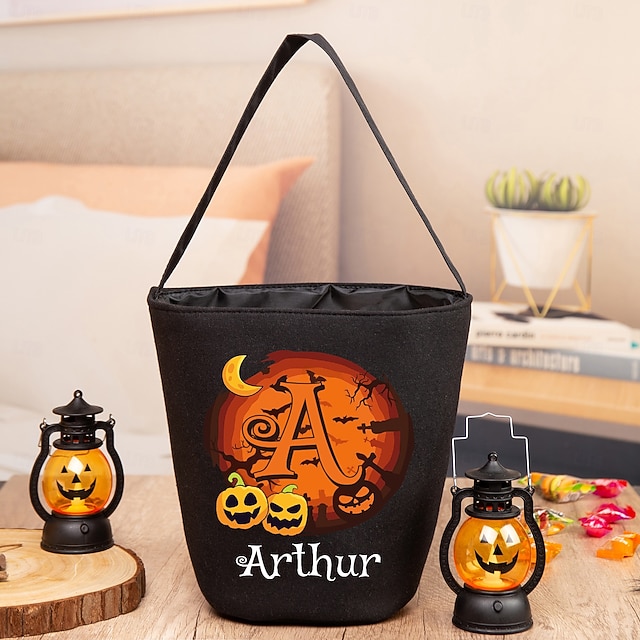  Personalisierte Halloween-Leckerli-Tasche mit Namen für Kinder, individueller Süßigkeiten-Tragekorb für „Süßes oder Saures“, personalisierte Buchstaben und Namen, Süßigkeitentasche aus natürlichem