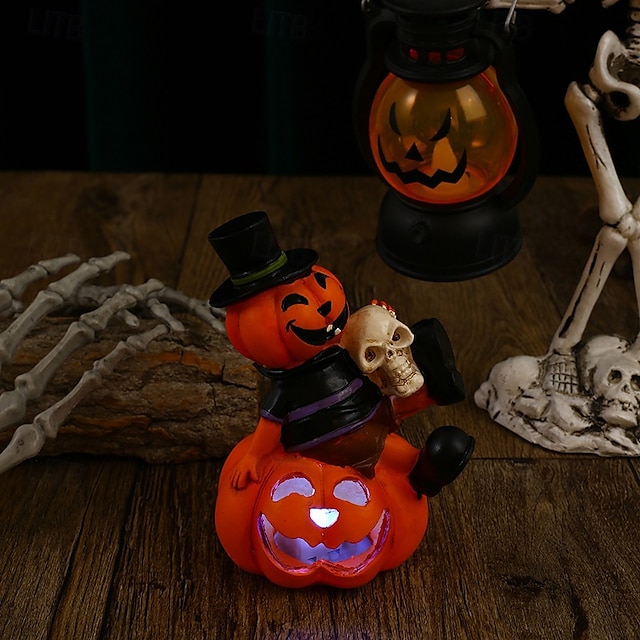  Décoration de crâne et de citrouille d'Halloween, figurine de citrouille-lanterne et de squelette à LED clignotante colorée, accessoire de fête d'Halloween effrayant pour la décoration intérieure et