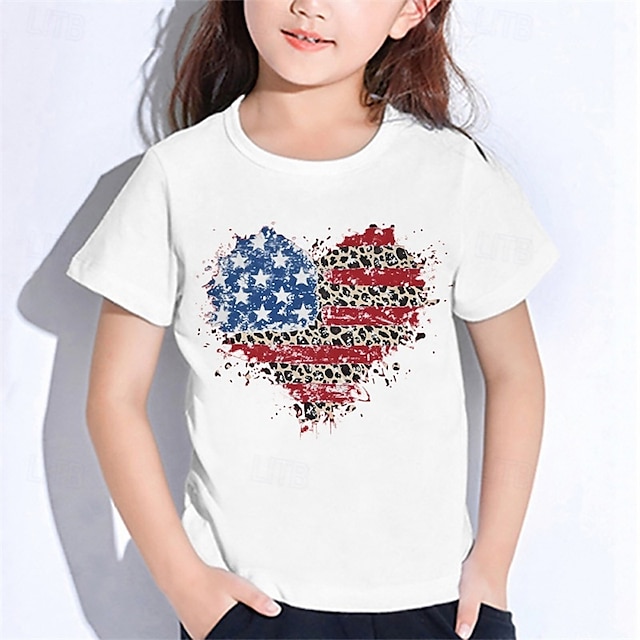  Ziua Independenței Americane Fete 3D Steag Tricou Manșon scurt Vară Primăvară Modă De Bază Copii 4-12 ani Stil Nautic În aer liber Casual Zilnic Fit regulat