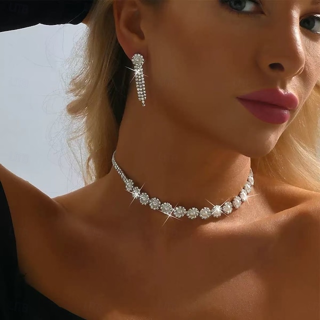  brudsmyckeset 1 set strass legering örhängen halsband kvinnor elegant snygg söt smyckeset för bröllopsfest fest aftonkläder